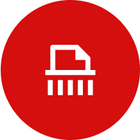 Red circular icon with a white document and a commercial paper shredder.